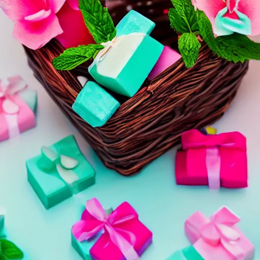 Prompt: beautiful and bright advertising, photography of a package of handmade mint chocolate scented soap blocks, wrapped in dark brown ribbons, sitting in a basket of flowers, studio quality, hdr 8 k photograph