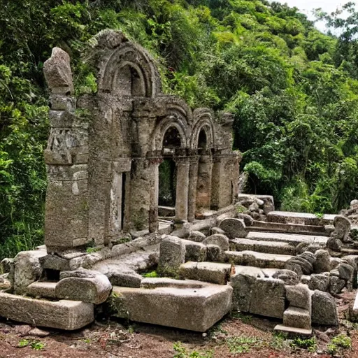 Image similar to ancient ruins found in a jungle, on an abandoned island