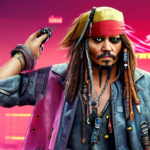 Image similar to jack sparrow in the game of cyberpunk 2 0 7 7