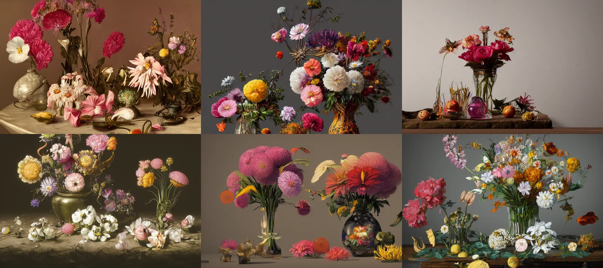 Prompt: ultradetailed flash photo of still life with flowers by ernst haeckel, amano, caravaggio, roger dean and andrei tarkovsky, wide angle, cinematic, octane render, bokeh, unreal engine, trending on artstation