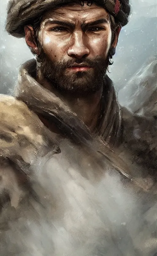 Image similar to Portrait of a rugged ranger, male, muscular, straight nose!!!, detailed face, handsome, simple clothing!!!!!, fantasy, medieval, highly detailed, cinematic lighting, digital art painting by jia ruan