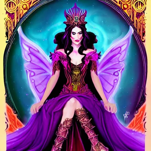 Image similar to Half Fey Princess sorceress with red flaming wings on her back and sitting on an ornate throne dressed in a fancy purple dress, Fantasy, Full Portrait, Planeswalker, Magic The Gathering, High detail, realistic, Liliana Vess