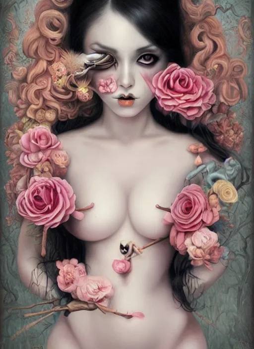 Image similar to pop surrealism, lowbrow art, realistic seductive cute woman painting, long hair, japanese shibari with flowers, hyper realism, muted colours, rococo, natalie shau, loreta lux, tom bagshaw, mark ryden, trevor brown style,