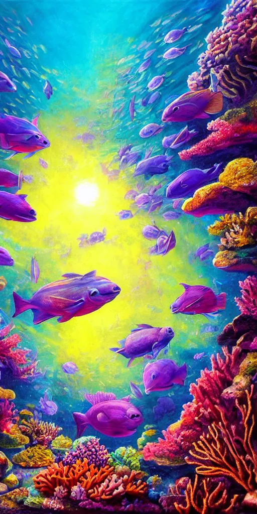 Prompt: underwater coral reef landscape magical realism painting with sun rays coming from above, neon pastel colors