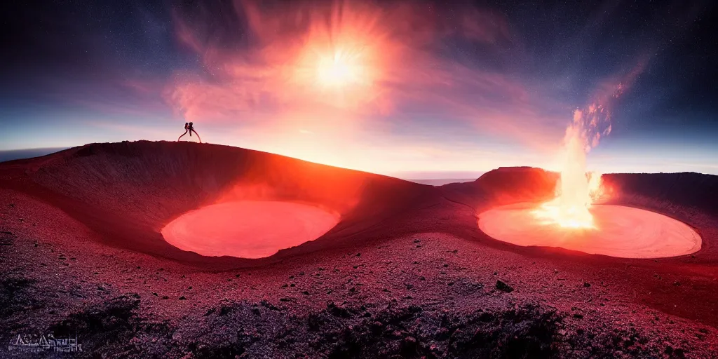 Image similar to amazing landscape photo of astronaut!!! standing on the volcano crater at sunrise by Charlie Waite and Marc Adamus beautiful dramatic lighting, surrealism