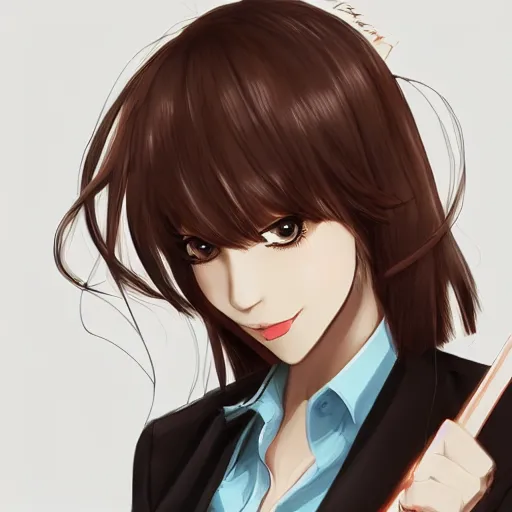 Prompt: woman in business suit, brown neat hair, pixiv, fanbox, trending on artstation, portrait, modern, sleek, highly detailed, formal, serious, determined, competent, colorized, smooth, charming, pretty, safe for work