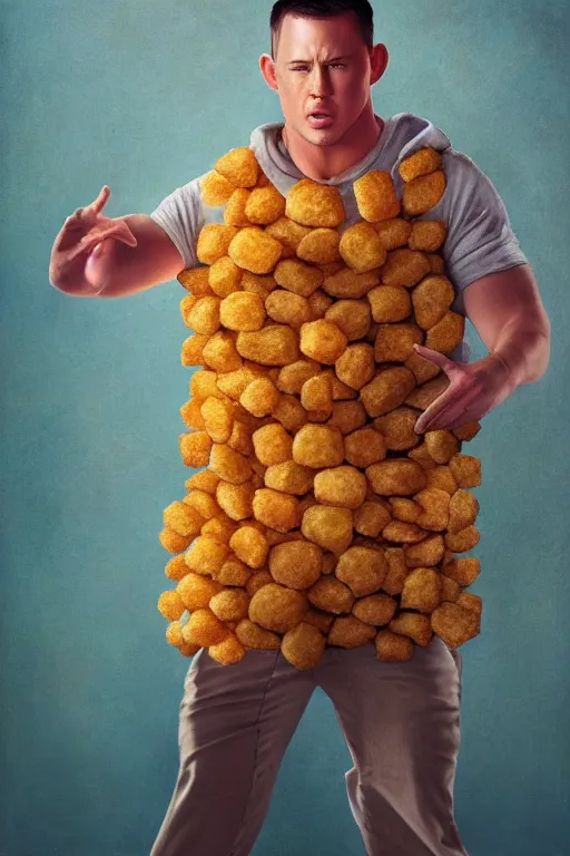 Image similar to channing tatum wearing a tater tot costume, oil on canvas, intricate, 8 k highly professionally detailed, hdr, cgsociety