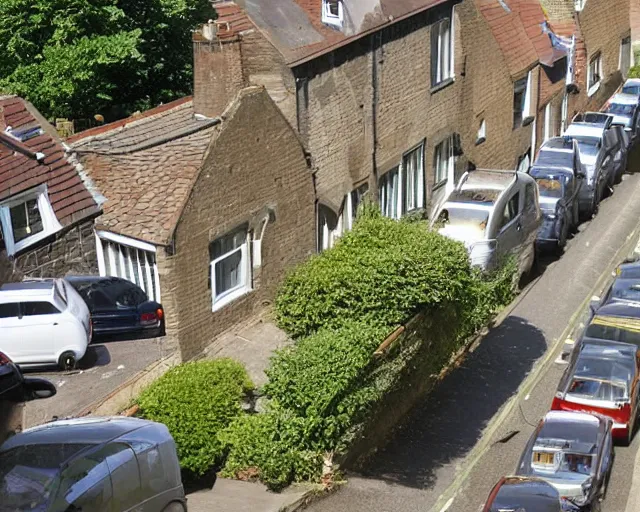 Prompt: view of a british street from an upstairs window, sunny day, cars parked, 2006