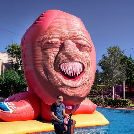 Prompt: a giant inflatable human head with open mouth on realistic water, in the style of chad knight, long shot, hyper detailed, hyper realistic, ray tracing, 8 k resolution, sharp focus, realistic water, award winning