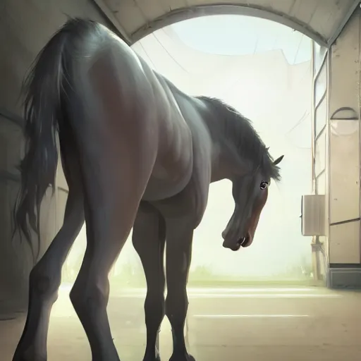 Image similar to splash art of an enormously muscular male anthro horse in a research facility wearing a skintight body armor, long white mane, furaffinity, anthro art, 8 k, unreal engine, by greg rutkowski, makoto shinkai, lois van baarle, ilya kuvshinov, tom bagshaw