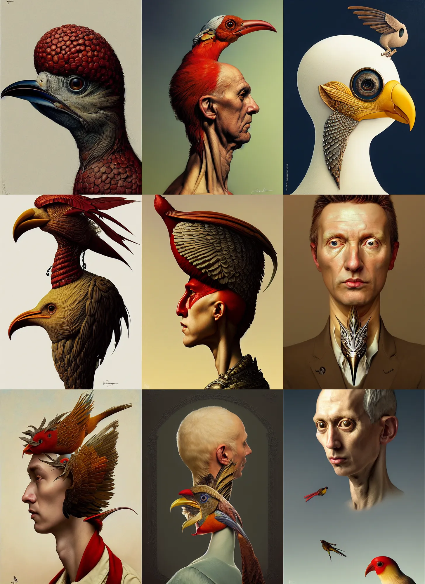 Prompt: rpg! profile! portrait of a surreal humanoid bird on white background, beak, intricate, highly detailed, digital painting, artstation, concept art, smooth, sharp focus, illustration, art by norman rockwell emiliano ponzi andrey remnev yoann lossel john currin aaron jasinski ivan albright hsiao - ron cheng, 8 k