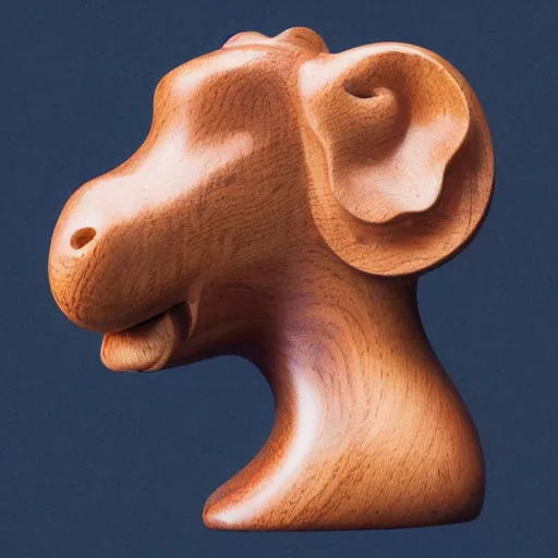 Image similar to a zoomed out studio product shot of a rounded carved smooth cherry wood and resin hippopotamus in profile, like a catalog photograph, where distinct sections of the carving are blue resin, but is mostly wood, with a smooth featureless minimalist short wooden nose with no nostrils, and a round minimalist behind