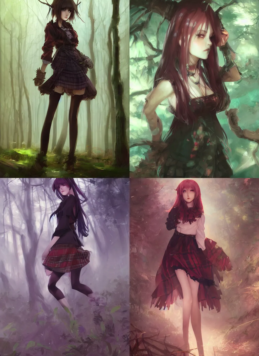 Prompt: beautiful woman in plaid miniskirt standing in a dark forest, anime style, rpg character art, by yoshitaka amano, by wenjun lin, by jeremy lipking, digital drawing, gorgeous face, octane render, trending on artstation