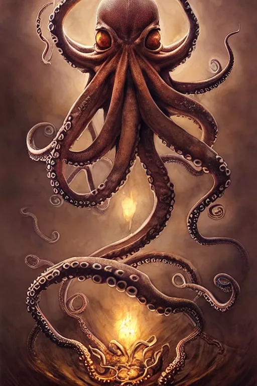 Prompt: octopus warrior | esoteric symbolism | jean - baptiste monge, esao andrews, bastien lecouffe - deharme, tim jacobus, ken currie | ultra - detailed realism, soft cinematic lighting, hi - fructose, artstation, high - quality, ink watercolors wes anderson poster art