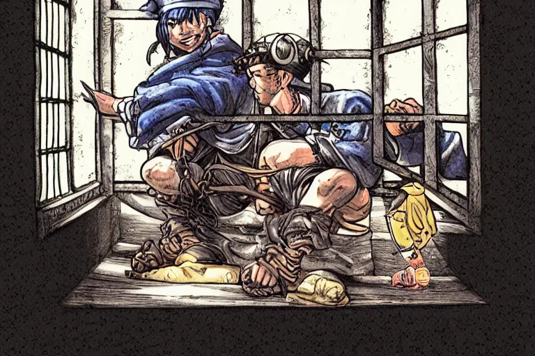 Prompt: aesthetic digital illustration of a pirate wearing a ball and chain by masamune shirow and shawn cosa, sitting on a cot under a barred window inside a prison