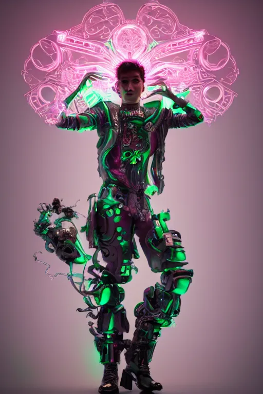 Image similar to full-body rococo and cyberpunk style porcelain sculpture of a young handsome seductive Peruvian android prince reaching for the sky, glowing pink laser eyes, crown of white gears and diamonds, swirling green-colored silk fabric. futuristic elements. full-length view. intricate artwork by caravaggio. Trending on artstation, octane render, cinematic lighting from the right, hyper realism, octane render, 8k, depth of field, 3D