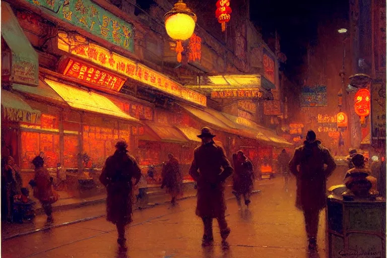 Image similar to winter, attractive male, neon light, chinatown, painting by gaston bussiere, craig mullins, j. c. leyendecker