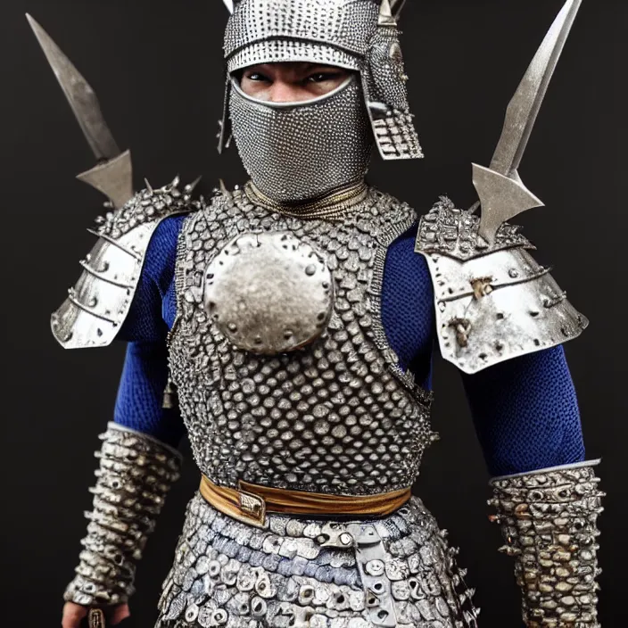 Image similar to full length photograph of a real-life warrior with sapphire encrusted intricate armour. Extremely detailed. 8k