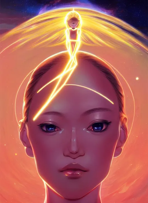 Image similar to a golden woman 2/3 figurative anime portrait, in space, head breaking apart and spiraling geometry into the sky upwards into another dimension, lazer light beaming down to top of her head, by james jean, artgerm, featured in artstation, elegant, Moebius, Greg rutkowski