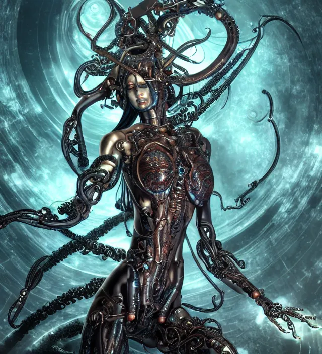 Image similar to photo 3 d rendering of a beautiful girl deity cyborg demon angel with many arms swords tentacles epic photorealistic portrait in ito junji miura kentaro frank miller alex ross escher giger sorayama buddhist biopunk cosmic horror style depth of field lens flare leica zeiss detailed trending award winning on pixiv skeb