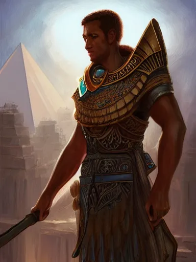 Image similar to a handsome man, walking with his staff near the great pyramids. intricate, elegant, highly detailed, digital painting, artstation, concept art, sharp focus, illustration, by justin gerard and artgerm, 8 k