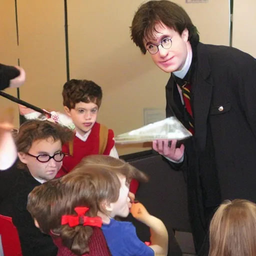 Prompt: Harry Potter’s less talented cousin, Larry Potter, doing a children’s magic show at a public library in Los Angeles