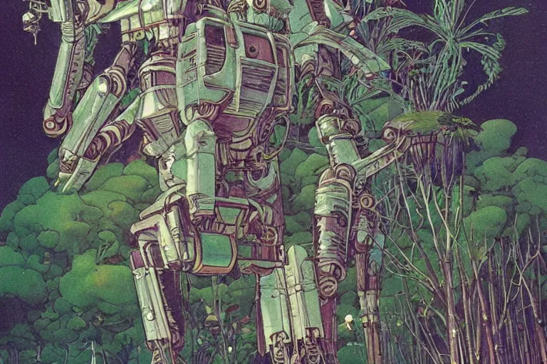Image similar to gigantic man head, a lot of exotic vegetation around, trees, tremendous mecha robot, flowers, risograph!, oldschool vintage sci - fi flat surreal design, super - detailed, painting by moebius and jodorowski
