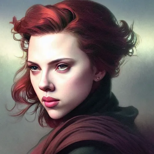 Image similar to young Scarlett Johansson from another dimension, cinematic lighting, intricate, elegant, highly detailed, digital painting, artstation, sharp focus, illustration, art by artgerm and greg rutkowski and alphonse mucha and Wayne Barlowe and william-adolphe bouguereau