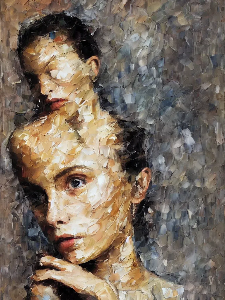 Image similar to highly detailed palette knife oil painting of a young woman by Peter Lindbergh, impressionistic brush strokes, painterly brushwork