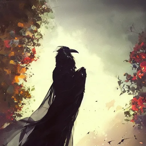 Image similar to morning, a woman in a black dress with a raven head. no face. sun, cinematic, clouds, vogue cover style, contracting colors mood, realistic painting, intricate oil painting, high detail, figurative art, poster art, by simon bisley, ismail inceoglu, wadim kashin, filip hodas. pixar theme.