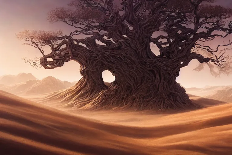 Image similar to cinematic fantasy landscape painting by jessica rossier, primordial and cosmic, desert valley of bones, an eclipse, over an autumn maple bonsai growing alone that is yggdrasil, on a desolate sand dune hr giger