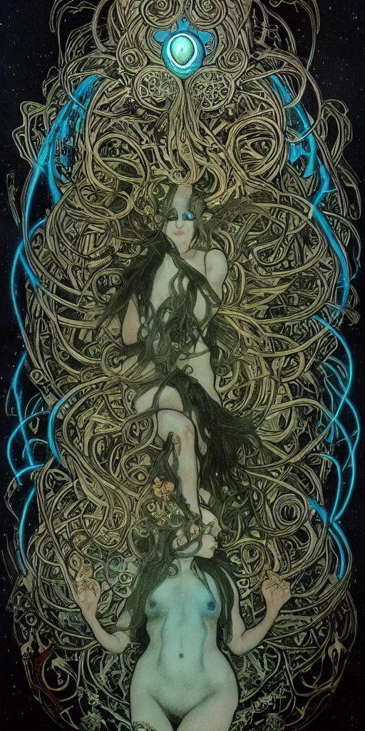 Prompt: intense glowing pagan black metal god with horns and tentacles and intense glowing eyes and a skull in very dark cosmic space by alphonse mucha and karol bak and artgerm and beksinski, portrait, fantasy, clear, light beams, lens flare, intense, uhd, amazing depth, cinematic lighting, gold and black and teal