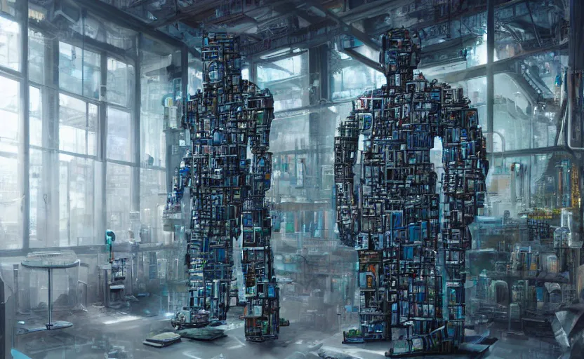 Image similar to a man made entirely of computers fused with his surroundings in a laboratory in the style of Greg rutkowski