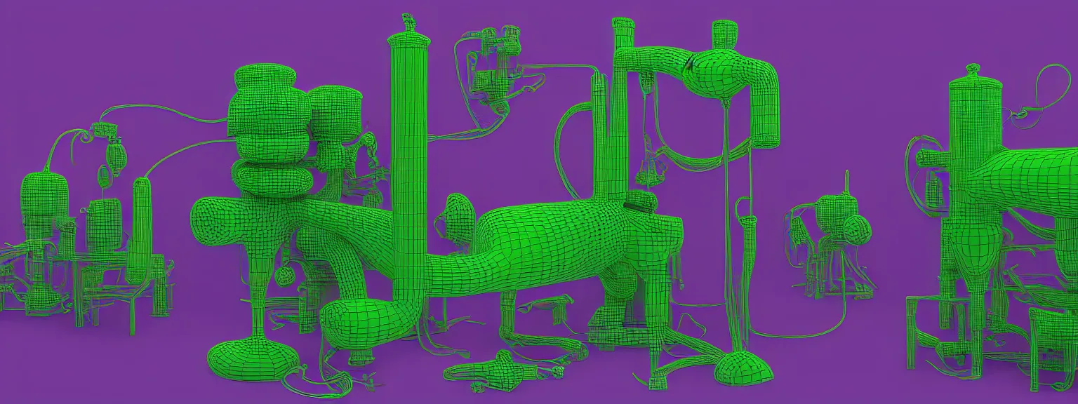 Prompt: a machine for making snake oil, purple and green, highly technical, art by glenn fabry and ed roth, 3 d rendering by beeple, fine detail, 8 k, snake machine