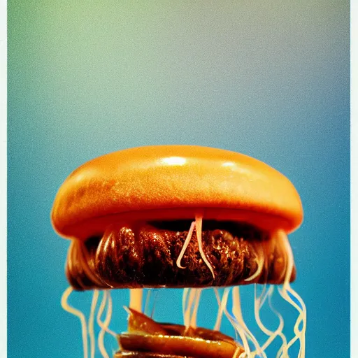 Image similar to hamburger mix jellyfish, cg, 8 k, surrealistic, sharp focus, style by andy warhol