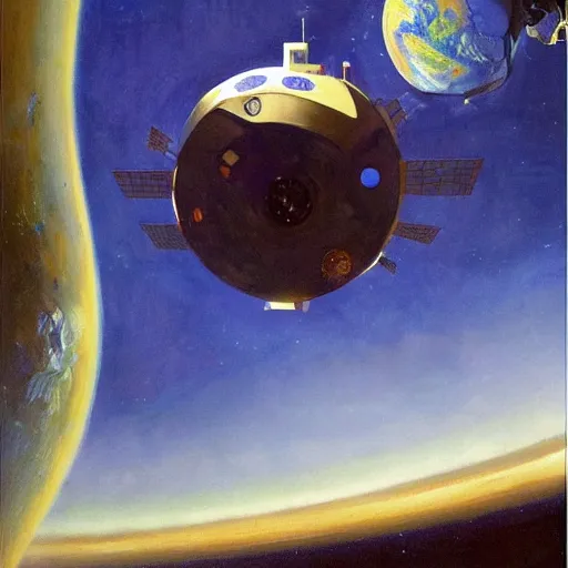Prompt: a highly detailed beautiful portrait of circular space station with elevator connected to earth, by gregory manchess, james gurney, james jean