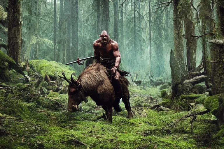 Image similar to vfx movie closeup detailed ancient warrior orc hunting elk in the forest, natural lighting by emmanuel lubezki