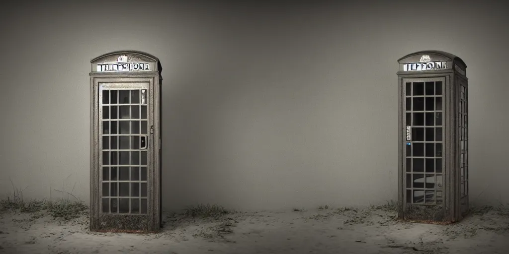 Image similar to an abandoned and deserted telephone booth in the dark of the night, weird, haunted, misty, moody, sinister, ambient lighting, cinematic color grading, 8 k render, hyper realistic, realistic, unreal engine 5 render