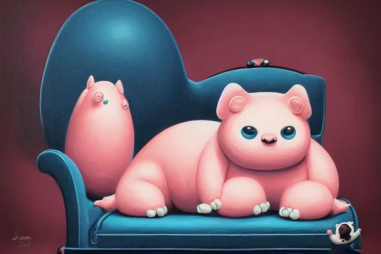 Image similar to a highly detailed pink chubby stuffed animal with dark blue shirt, on a couch, full body, wide angle, an ultrafine detailed painting by joe fenton, trending on deviantart, pop surrealism, whimsical, lowbrow, perfect symmetrical face, sharp focus, octane, masterpiece