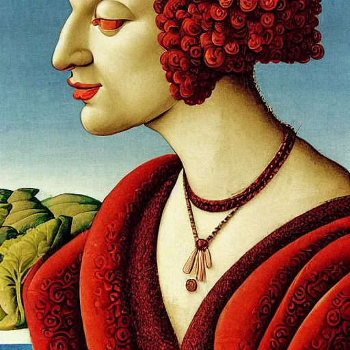 Image similar to portrait of an anthropomorphic flamingo as an italian duchess, sandro bottecelli, 1 5 0 0