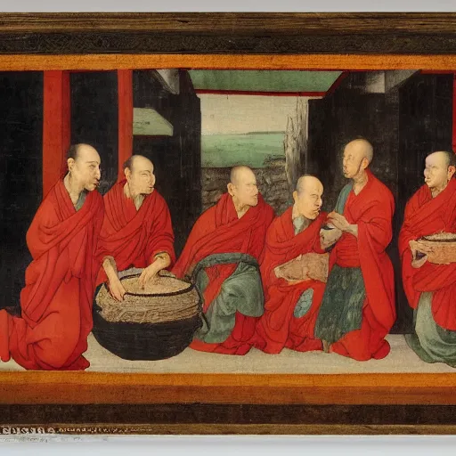 Prompt: Raphael painting of a group of monks Jesuits drawing on Chinese scrolls, 15th century European fine art, masterpiece, oil on canvas, by Raphael, detailed, 4k resolution, realistic