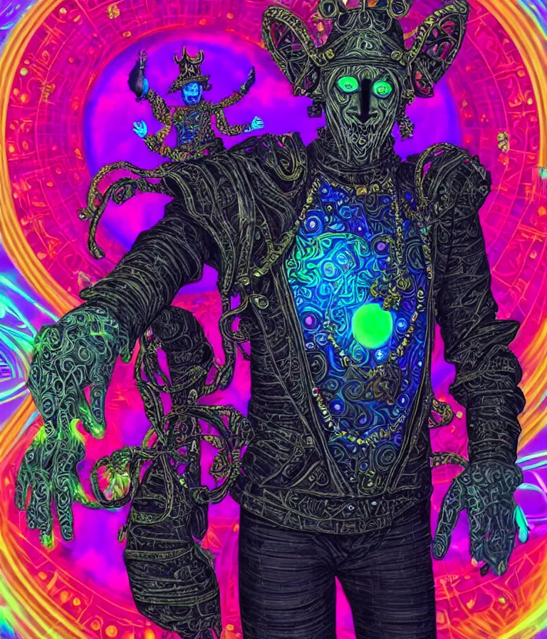 Image similar to front!!! shot of a court jester!!! character, hyperdimensional, (bioluminescent) hypercubes, dark holography!!!, (sunset) (psychedelic), chrome, (((intricate))), elegant, highly detailed, centered, (((artstation, concept art, smooth, sharp focus, artgerm, Tomasz Alen Kopera, Peter Mohrbacher, donato giancola, Joseph Christian Leyendecker, WLOP, Boris Vallejo))), mugshot!!!!!, ugly!!!!!!, octane render, nvidia raytracing demo, octane render, nvidia raytracing demo, octane render, nvidia raytracing demo, grainy, muted, 8K, digitalblasphemy, metatron