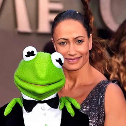 Image similar to a date romantic between dwayne johnson and kermit the frog