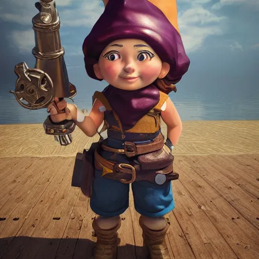 Image similar to extremely realistic portrait of a real life female gnome mechanic artificer character, one prosthetic arm metallic gauntlet, standing on a boat with naval background, trending on artstation, heroic pose, highly detailed, 8k