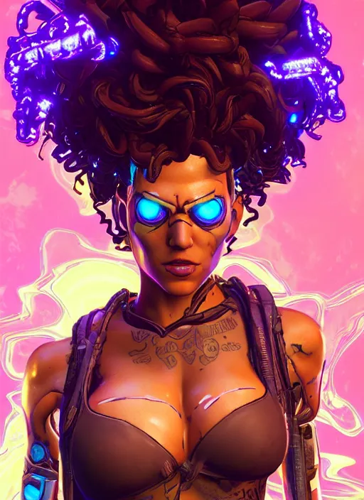 Image similar to glowwave portrait of curly hair muscular hot girl from borderlands 3, au naturel, hyper detailed, digital art, trending in artstation, cinematic lighting, studio quality, smooth render, unreal engine 5 rendered, octane rendered, art style by klimt and nixeu and ian sprigger and wlop and krenz cushart.