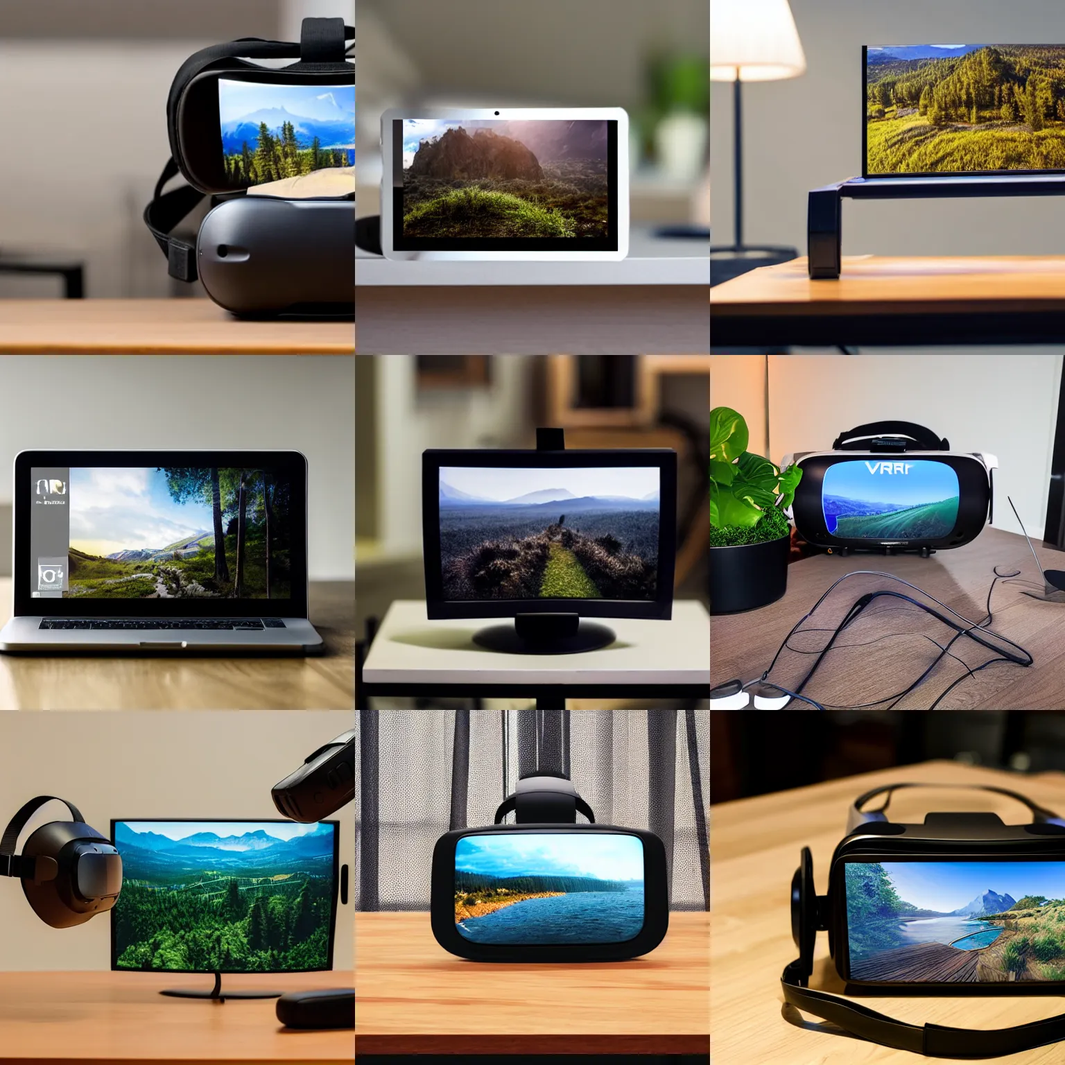 Prompt: a photo of a vr headset is laying on a table with a realistic landscape displayed on the screen