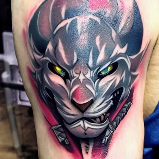 Image similar to a tatoo of rengar from league of legends,