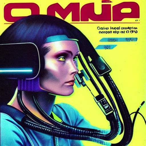 Image similar to cable plugged in, back of head, cyberpunk woman, computer, 1 9 7 9 omni magazine cover