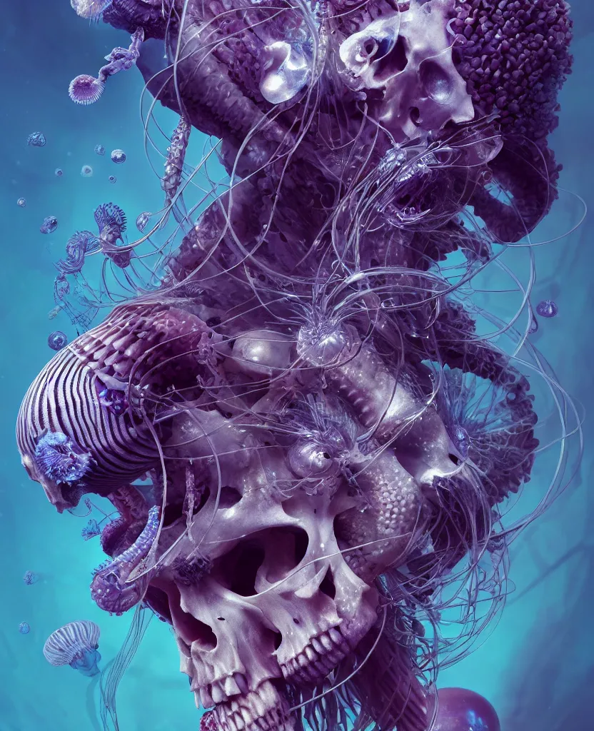 Image similar to goddess close-up portrait ram skull, thorax, x-ray, backbone, jellyfish phoenix head, nautilus, orchid, skull, betta fish, bioluminiscent creatures, intricate artwork by Tooth Wu and wlop and beeple. octane render, trending on artstation, greg rutkowski very coherent symmetrical artwork. cinematic, hyper realism, high detail, octane render, 8k