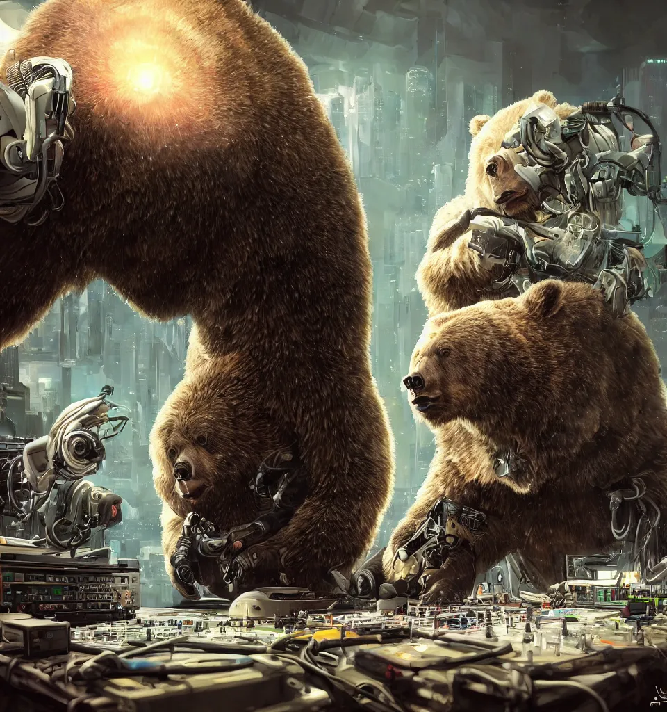 Image similar to a cyborg grizzly bear dj mixing records on stage by ilya kuvshinov, masamune shirow, gary houston, art germ, krenz cushart, tomasz alen kopera, photorealistic, highly detailed, illustration, lifelike, highly detailed, intricate, octane render, sharp focus, cyberpunk,